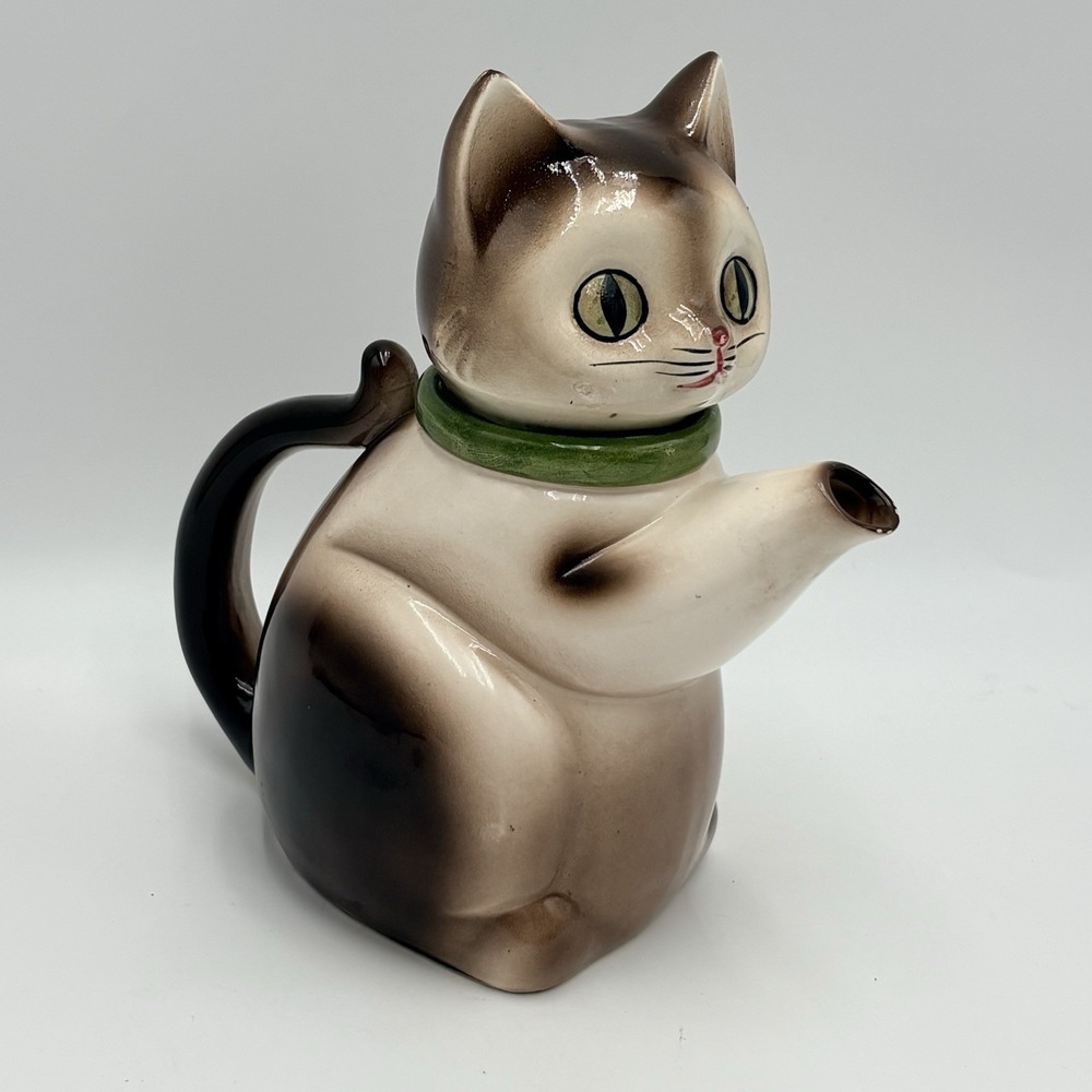 Cat Figural Pitcher Ceramic Brown Cream Green Collar Head Lid Retro Vintage CMI?